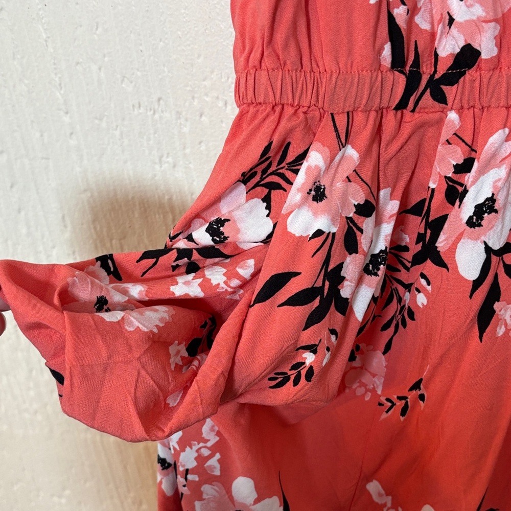Torrid Coral Floral Midi V-Neck Flutter Sleeve Dress Women Size 0 (12-14) - Picture 9 of 11